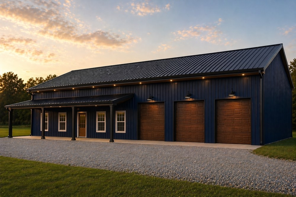 The Tablerock &mdash; dark navy metal siding, standing-seam roof, wood-look shop doors, covered front porch. One of our stock plans, available as plans only.