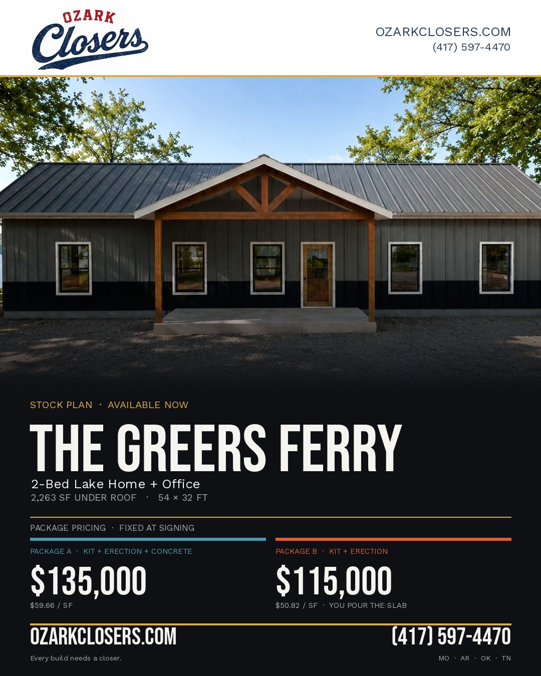 The Greers Ferry plan card &mdash; 2-bed lake home with office, 2,263 sf under roof.