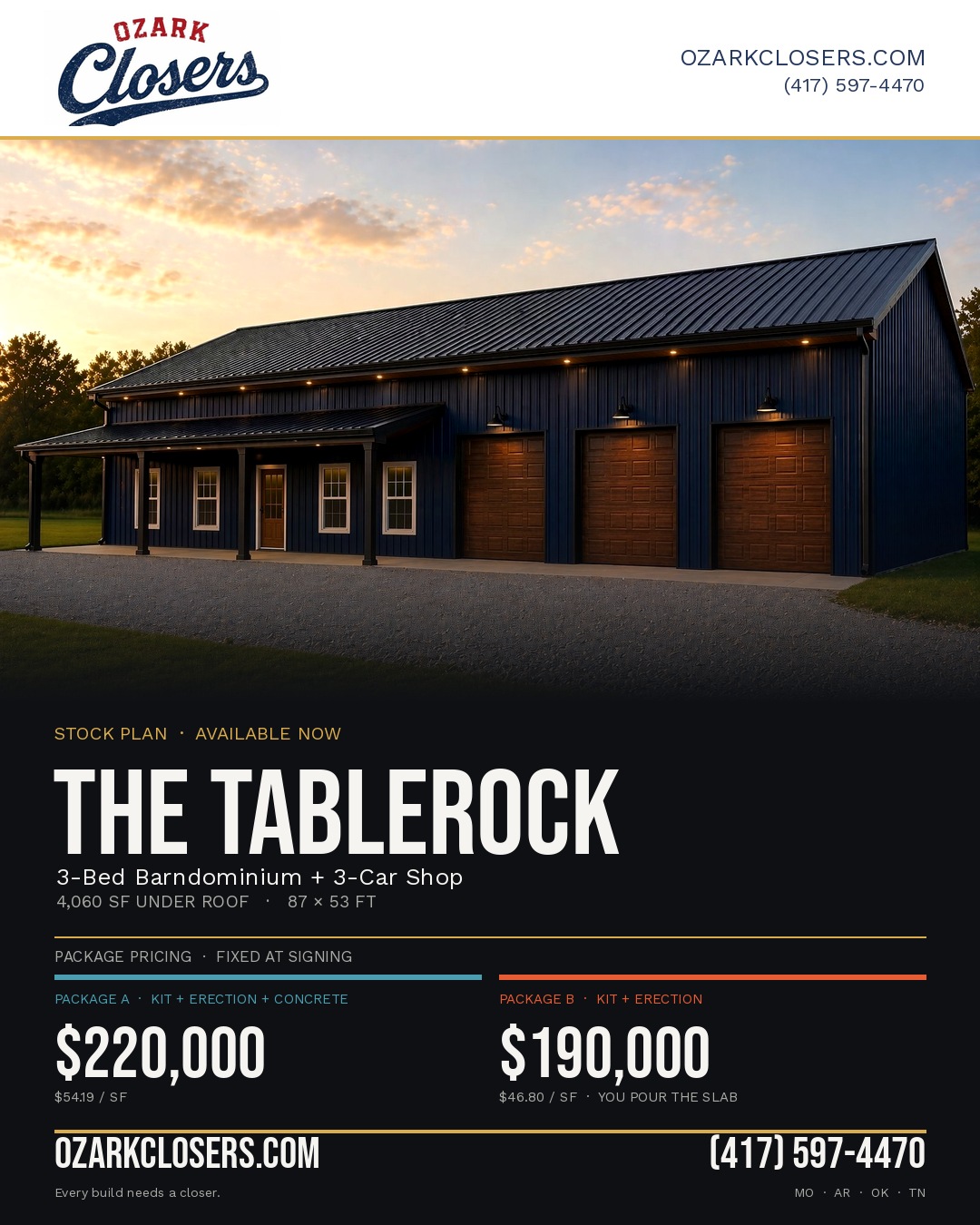 The Tablerock plan card &mdash; 3-bed barndominium with 3-car shop, 4,060 sf under roof.