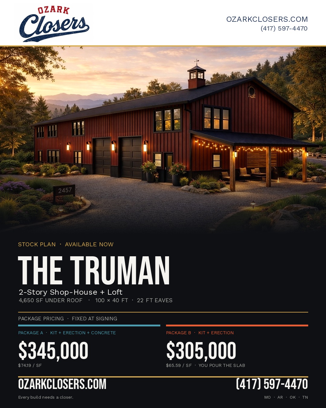 The Truman plan card &mdash; 2-story flagship, 4,650 sf under roof.