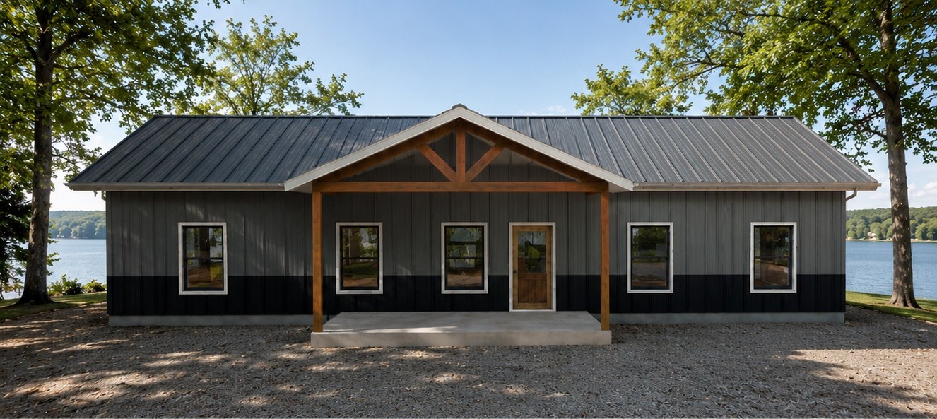 The Greers Ferry &mdash; dark gray board-and-batten lake home with black wainscot, cedar timber-truss gable porch, black standing-seam roof, sited on a lakefront lot.