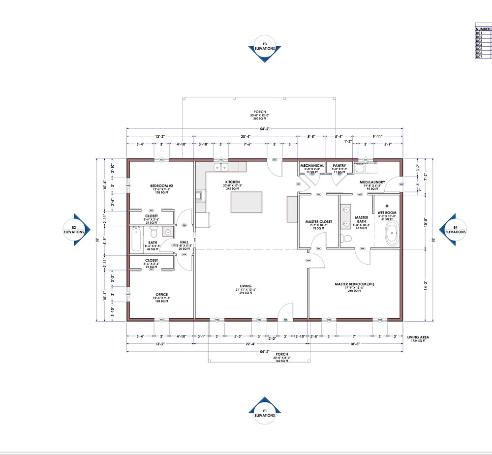 The Greers Ferry floor plan &mdash; 2 bed, 2 bath, office, open kitchen and living, master suite with wet room, mud/laundry.