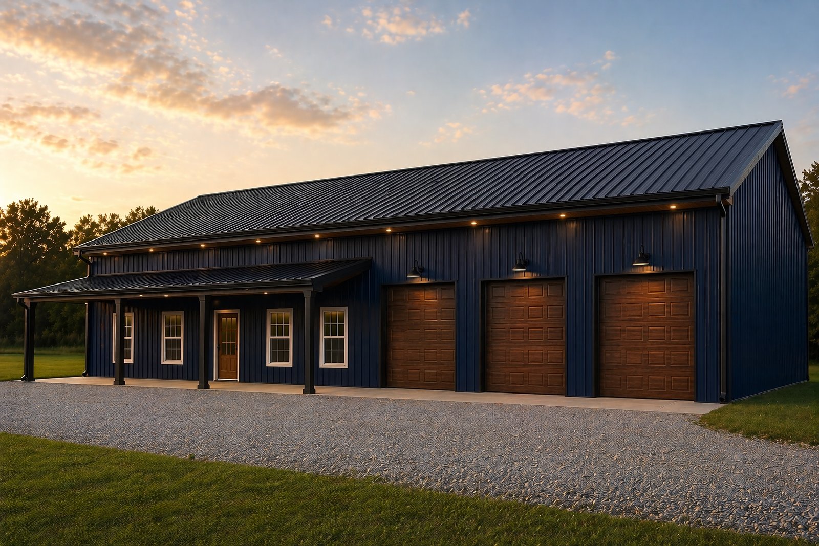 The Tablerock &mdash; dark navy vertical siding, black standing-seam roof, wood accent overhead doors, front porch.