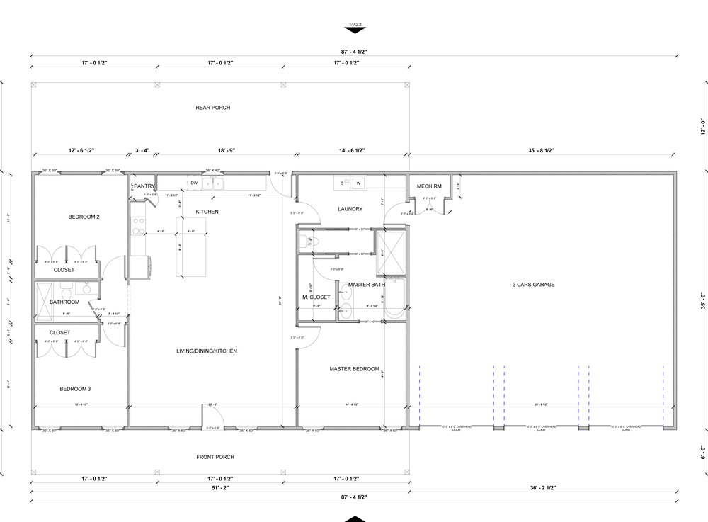 The Tablerock floor plan &mdash; 3 bedrooms, 2 baths, open living/dining/kitchen, 3-car shop, front and back porches.