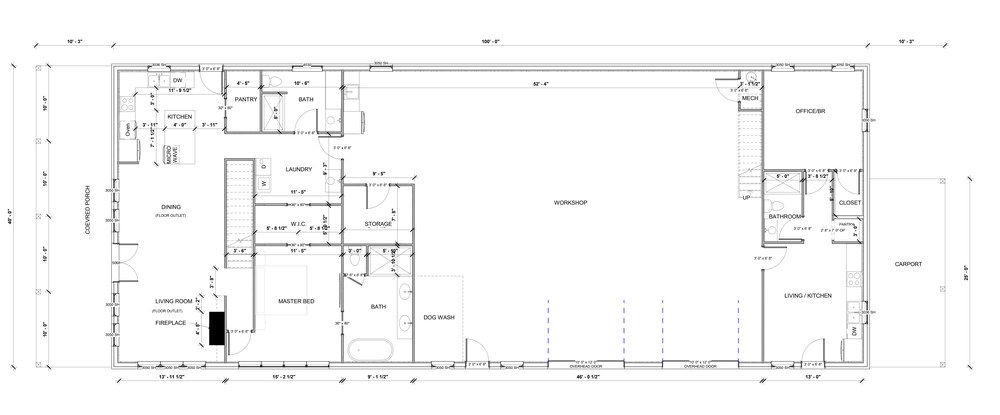The Truman first floor plan — 100 ft x 40 ft main box, twin overhead doors, covered side patio, cupola over central spine.